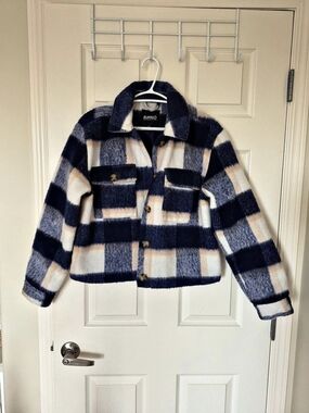 Buffalo David Bitton Plaid Teddy Jacket in Blue & White Size Medium